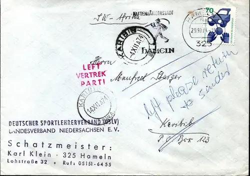 BRD Brief  HAMELN - Südwest-Afrika Karibib - zurück - 29.10.74 - MAS "Rattenfängerstadt"