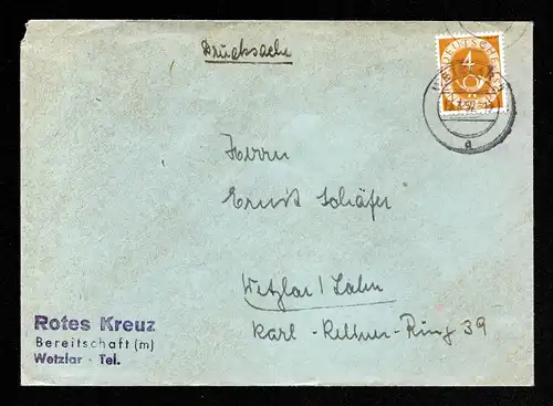 BRD Brief Drucksache  WETZLAR - Wetzlar - 13.3.52 - Mi.124 - offene Verschlußklappe (von Rotes Kreuz)