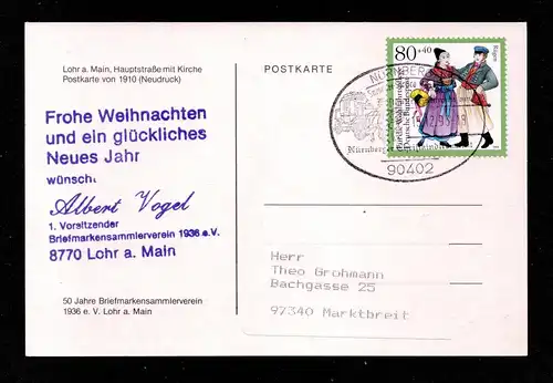 BRD Postkarte  Lohr NÜRNBERG - Marktbreit - 15.12.93 - Mi.1696 (Trachten Rügen) - Nürnberger Christkindlesmarkt