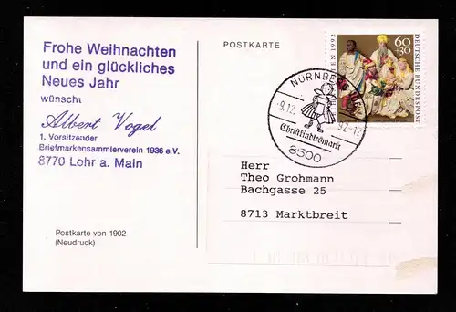BRD Postkarte  Lohr NÜRNBERG - Marktbreit - 9.12.92 - Mi.1639 - Christkindlesmarkt
