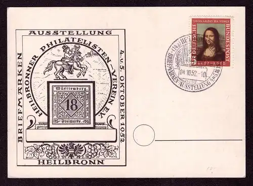 BRD Postkarte  HEILBRONN - 4.10.52 - Mi.148 - Briefmarken-Ausstellung 4.+5.10.1952