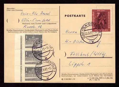 BRD Postkarte  KÖLN-EHRENFELD - Fellbach - 22.9.61 - Mi.365+ Bln.140 mit Randleiste
