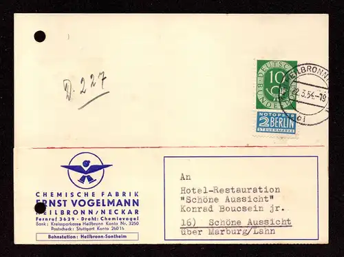 BRD Postkarte  HEILBRONN - Schöne Aussicht - 22.3.54 - Mi.128 + Notopfer Berlin