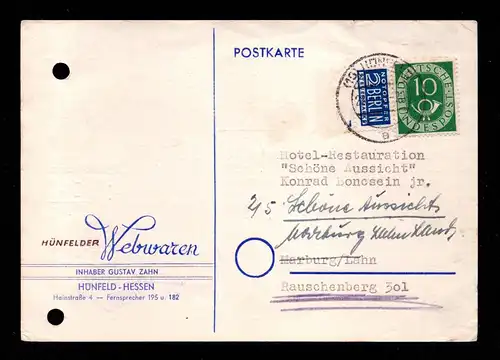 BRD Postkarte  HÜNFELD - Schöne Aussicht - 28.4.53 - Mi.128 + Notopfer Berlin