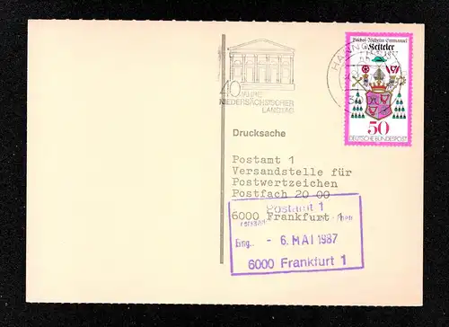 BRD Postkarte  HANNOVER - Frankfurt aM - 4.5.87 - Mi.941 + Werbestempel "40 J. Niedersächsischer Landtag"