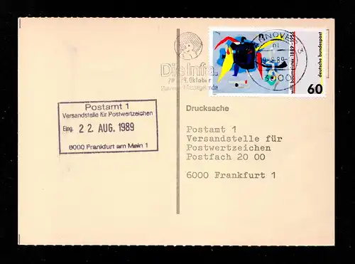 BRD Postkarte  HANNOVER - Frankfurt aM - 19.8.89 - Mi.1403 + Werbestempel "Die Infa Hannover-Messegelände"