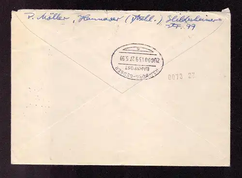 BRD Eilbote Brief  HANNOVER - Stockholm SCHWEDEN - 27.5.59 - Mi.307 in MeF mit rs. Bahnpoststempel