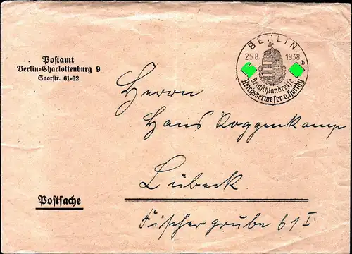 DR Brief  Postsache BERLIN - Lübeck - 25.8.38 - Deutschlandreise Reichsverweser v. Horthy
