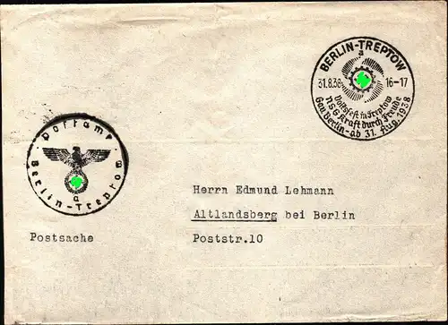 DR Brief  Postsache BERLIN-TREPTOW - Altlandsberg - 31.8.38 - Volksfest in Treptow NSG Kraft durch Freude - Gau Berlin
