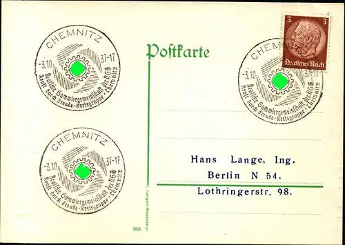 DR Postkarte CHEMNITZ - Berlin - 3.10.37 "Deutsche Sammlergemeinschaft der NSG - Kraft durch Freude- Kreisgruppe Chemnitz"