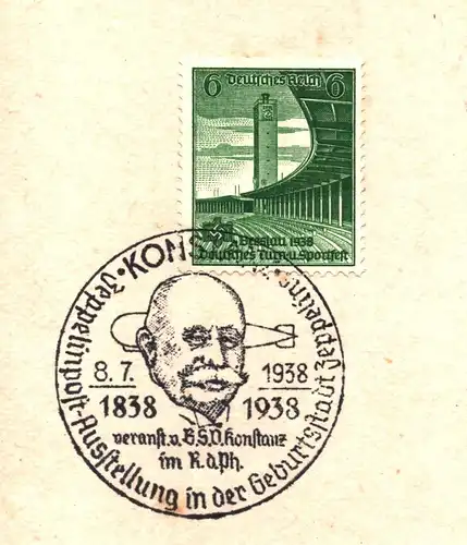 DR Postkarte KONSTANZ - Dresden - 8.7.38 - Mi.666 - "Zeppelin-Post-Ausstellung in der Geburtsstadt Zeppelins"