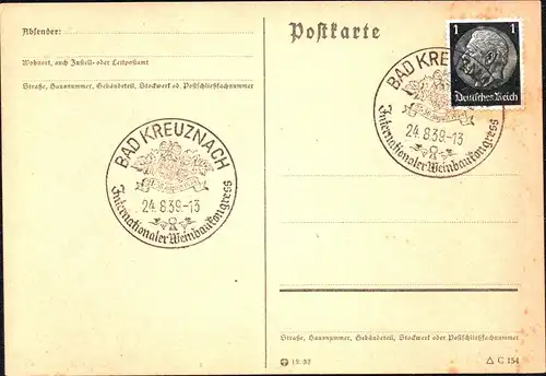 DR Postkarte BAD KREUZNACH - 24.8.39 - "Int. Weinbaukongress "