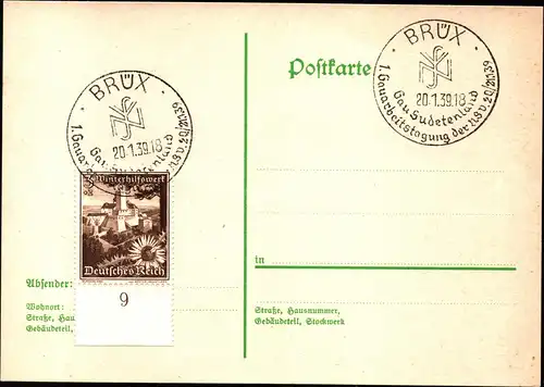 DR Postkarte  BRÜX - 20.1.39 - Mi.675  "Gau Sudetenland - 1. Gau-Arbeitstagung"