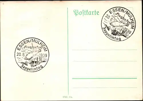 DR Postkarte  ESSEN-MÜLHEIM - 20.8.39  SoSt "Flughafen - Zeppelintag"