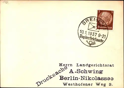 DR Postkarte  BREMEN - Berlin - 10.1.37 - Mi.513 - "Tag der Briefmarke" (Posthorn)
