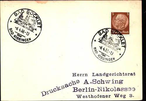 DR Postkarte  BAD BOCKLET - Berlin-Nikolaissee - 8.4.38 - Mi.513 - über Bad Kissingen - "Biedermeierbad"