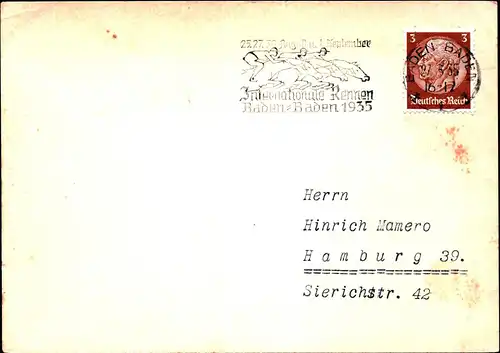 DR Postkarte  BADEN-BADEN - Hamburg - 27.3.35 - Mi.513 - Internationale Rennen BB 1935"