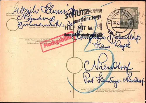 BRD Postkarte  NÜRNBERG - Niendorf - 23.7.53 - P18 - "Nachgebühr" + MWS "Schutz auch Deine Sorge hilf mit im Bundesluftschutzbund"