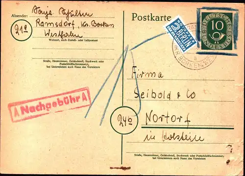 BRD Postkarte  RAMSDORF - Nortorf - 22.3.55 - P12 - mit "A Nachgebühr A"-Stempel