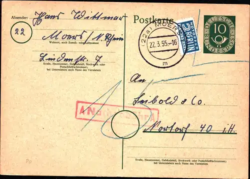 BRD Postkarte  MOERS - Nortorf - 22.3.55 - P12 - mit "A Nachgebühr A"-Stempel