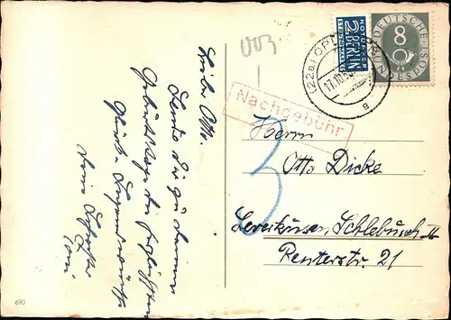 BRD Postkarte  OPLADEN - Leverkusen - 17.10.53 - Mi.127  mit "Nachgebühr b"-Stempel auf 8 Pf Posthorn + Notopfer