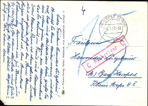 BRD Postkarte  GROSS GERAU - Bad Hersfeld - 3.5.58  mit "C Nachgebühr C"-Stempel