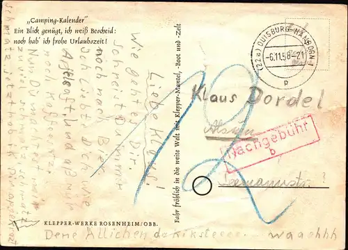 BRD Postkarte  DUISBURG-HAMBORN - Alsum - 6.11.58  mit "Nachgebühr b"-Stempel (Karte knittrig)