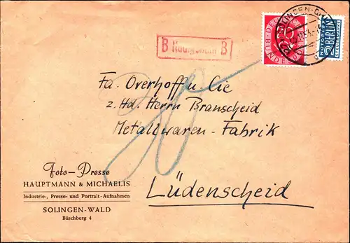 BRD Brief  SOLINGEN-OLIGS - Lüdenscheid - 5.11.53 - Mi.185  mit "B Nachgebühr B"-Stempel auf 20 Pf Posthorn + Notopfer