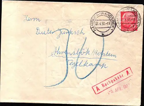 BRD Brief  HAMBURG-WANDSBEK - Ahrensböck - 8.4.57 - Mi.185  mit "A Nachgebühr A"-Stempel auf 20 Pf Heuss