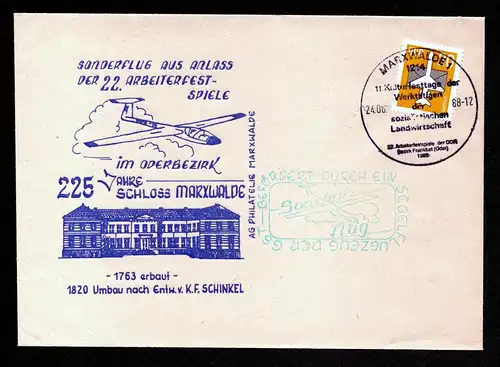 DDR Brief  SONDERFLUG MARXWALDE - 24.6.88 - befördert durch ein Segelflugzeug der GST - SST 11. Kulturfesttage der Werktätigen d. soz. Landwirtschaft