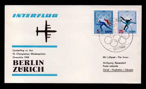 DDR Brief  SONDERFLUG BERLIN - Zürich SCHWEIZ - Interflug - 26.1.1968 - 10. Olympische Winterspiele Grenoble 1968