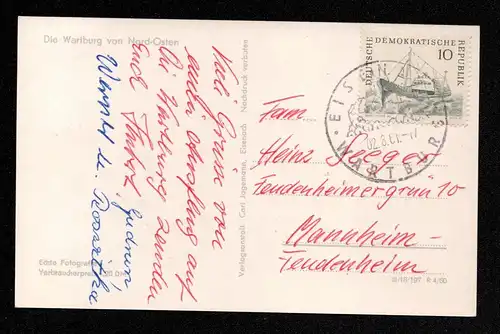 DDR Ansichtskarte  EISENACH - Mannheim - 02.8.61 - Mi.817 - Wartburgstadt