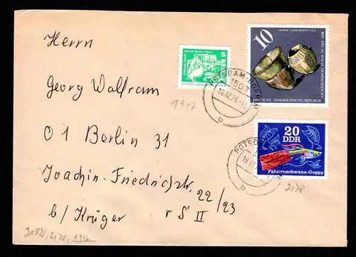 DDR Brief  POTSDAM - W-Berlin - Mi.2182 - Archäologische Funde Gefäße, 2178 Aquariumfisch Guppy, 1947