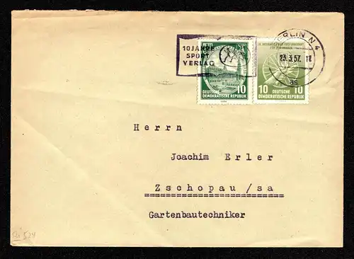 DDR Brief  BERLIN - Zschopau - 23.3.57 - Mi.521,524 -  10 Jahre Sport Verlag