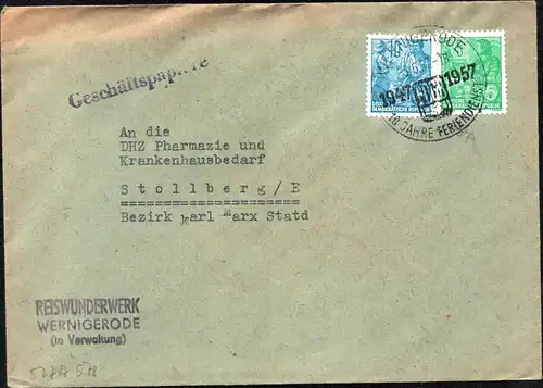 DDR Brief  WERNIGERODE - Stollberg - 3.6.57 - "FDGB - 10 Jahre Feriendienst"