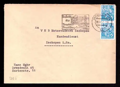 DDR Brief  DRESDEN - Zschopau - 28.4.57 - Mi.578 - MWS "Besucht die Dresdner Gemäldegalerie"