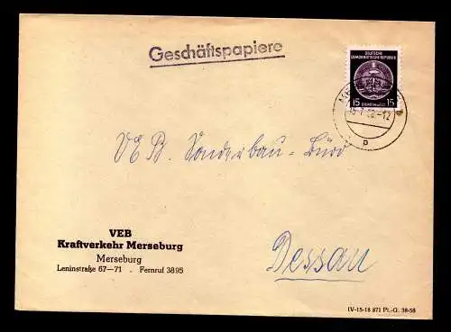 DDR Geschäfts-Brief Dienst  MERSEBURG - Dessau - 15.7.1958 - Mi.36 