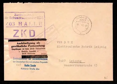 DDR Geschäfts-Brief Dienst  ZKD HALLE - Leipzig - 12.3.66 -Aufkleber ZKD-Kontrollstelle / Postsache v. Zentralinstitut für Schweißtechnik