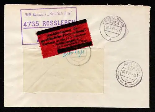 DDR Geschäfts-Brief Dienst  ZKD ROSSLEBEN - Artern - 20.6.67 Postsache - ZKD-Kontrollstelle - VEB Kaliwerk "Heinrich Rau" 