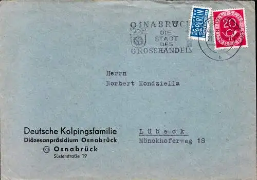 BRD Brief  OSNABRÜCK - Lübeck - 21.3.52 - Mi.130 - "Die Stadt des Grosshandels" + Notopfer Berlin