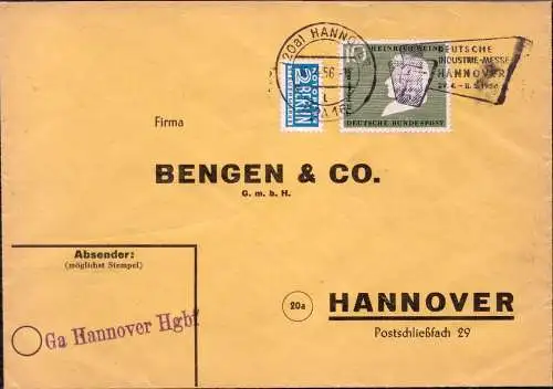 BRD Brief HANNOVER BPA 16 - 10.4.56 - MI.229 (H.Heine) - "Dt. Industrie-Messe 1956" + Nebenstempel Ga. Hannover Hgbf