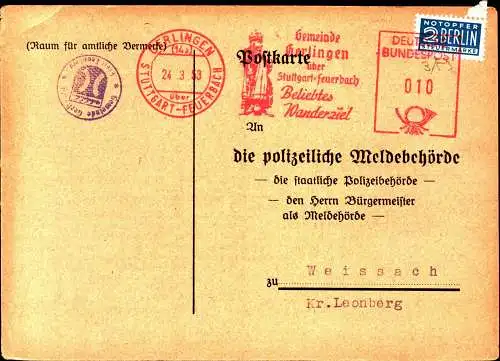 BRD Postkarte  GERLINGEN - Weissach Leonberg - 24.3.53 - "Beliebtes Wanderziel" + Notopfer Berlin