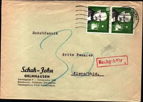 BRD Firmen-Brief GELNHAUSEN - Kleve - 6.12.56 - Mi.244 Semmelweiss "Nachgebühr" von Schuhhaus John