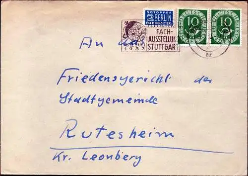 BRD Brief STUTTGART - Rutesheim - 9.7.53 - "Fleischer-Fach-Ausstellung" - Mohrenkopf