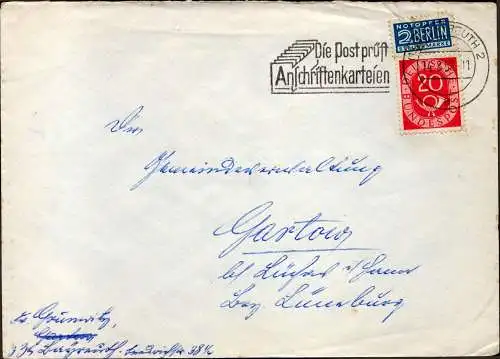 BRD Brief  (13a) BAYREUTH 2 a - Gartow - 14.8.52 - Die Post prüft Anschriftenkarteien