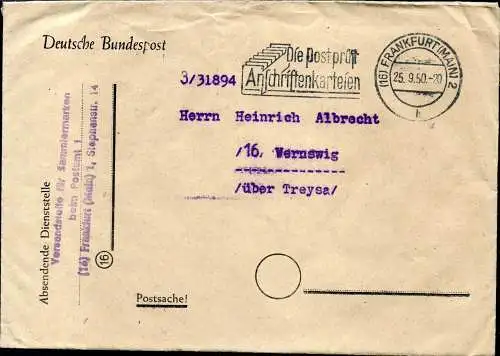 BRD Brief Postsache (16) FRANKFURT (MAIN) 2 h - Vernswig /Treysa  26.4.51 - Die Post prüft Anschriftenkarteien