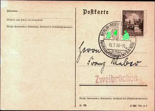 DR  Postkarte - BERLIN - Zweibrücken - 15.7.38 - Reichswettkämpfe  1938