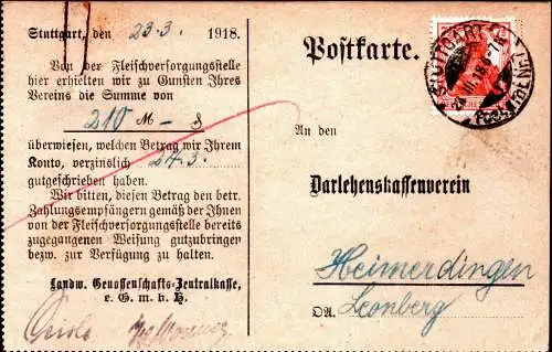 DR  Postkarte - STUTTGART Postamt Nr. 7 - Heimerdingen - 23.3.18 - Mi.99