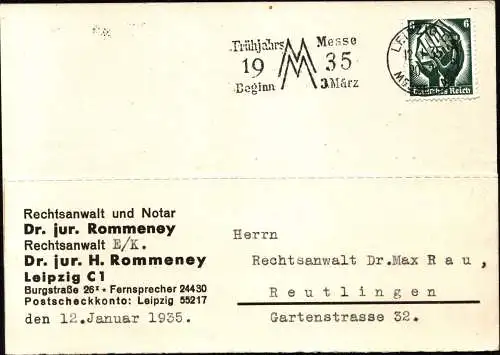 DR  Postkarte - LEIPZIG - Reutlingen - 12.1.35 - Frühjahrs Messe 1935