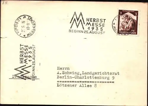 DR  Postkarte - LEIPZIG - Berlin Charlottenburg - 27.5.35 - Herbst Messe 1935
